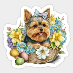 Cute Yorkshire Terrier Happy Easter Basket Sticker